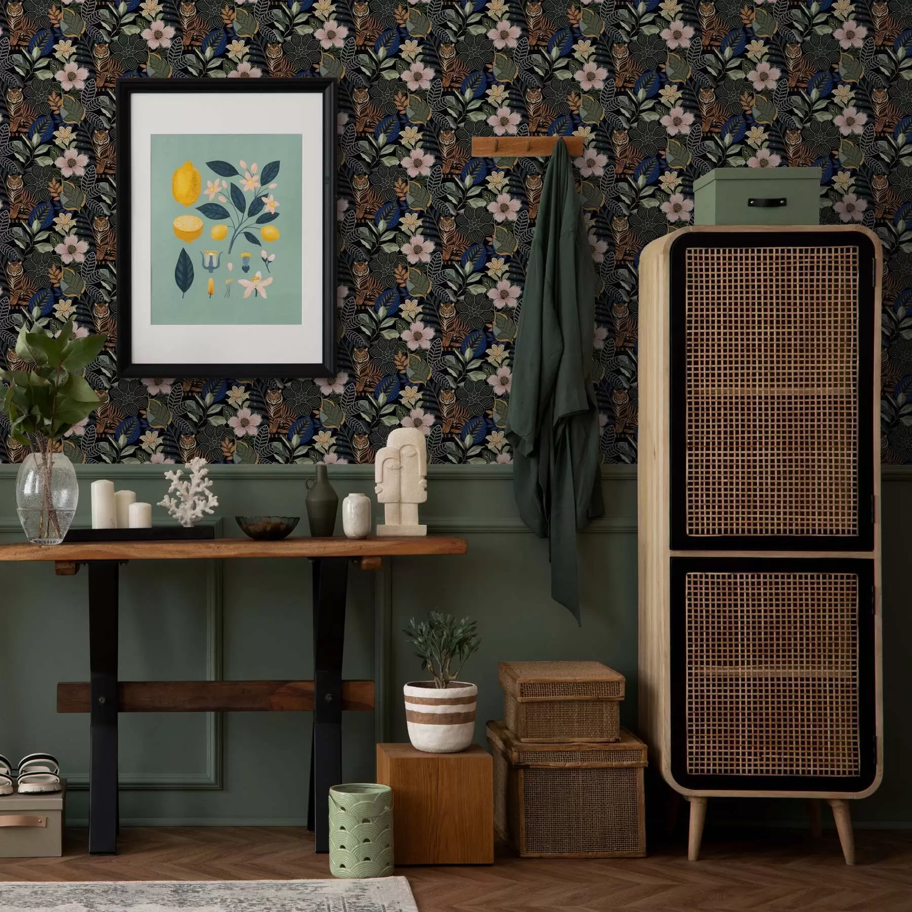 fototapet Tigri printre flori și frunze tropicale strălucitoare a00426