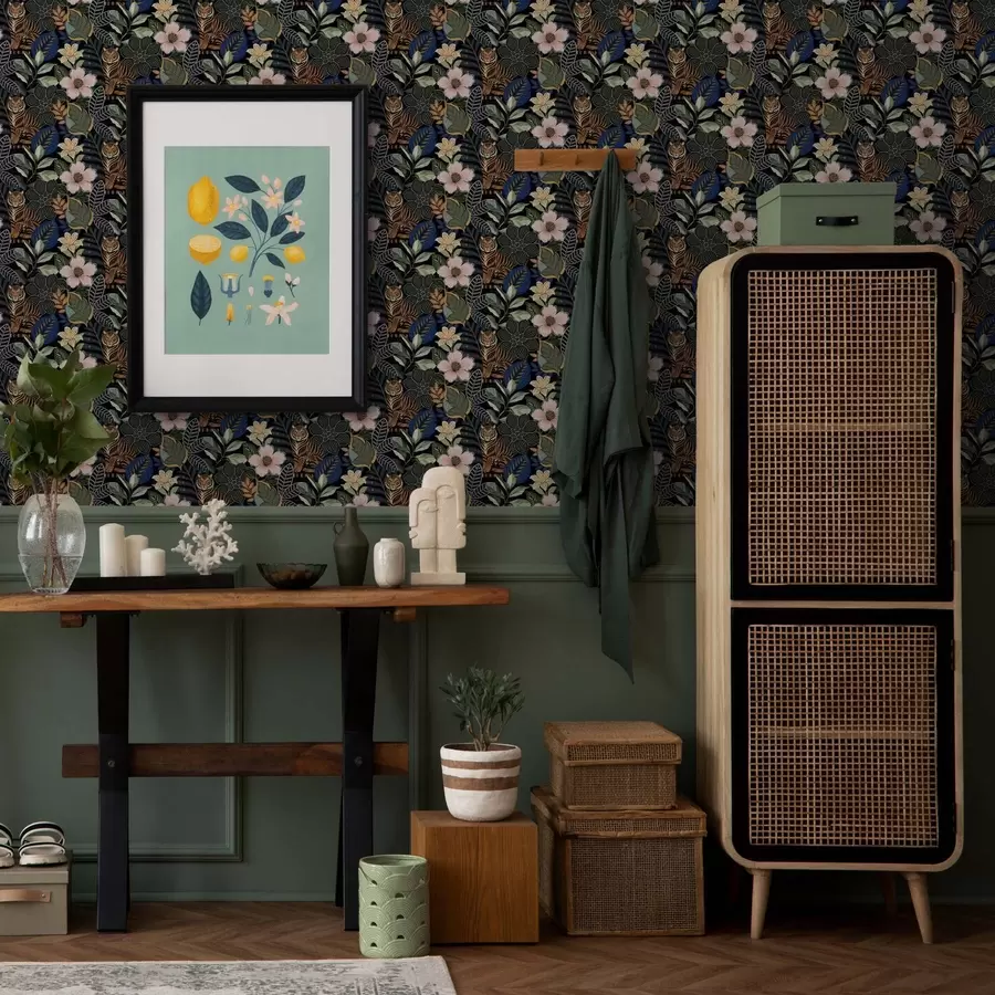 fototapet Tigri printre flori și frunze tropicale strălucitoare a00426