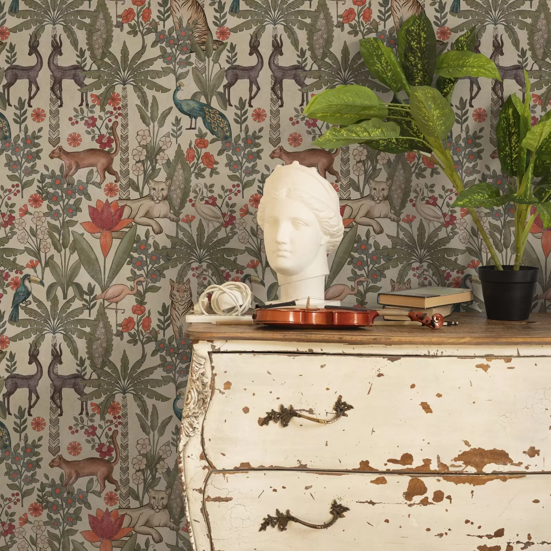 fototapet Stil retro: Animale și flori pe un fundal de epocă a00431