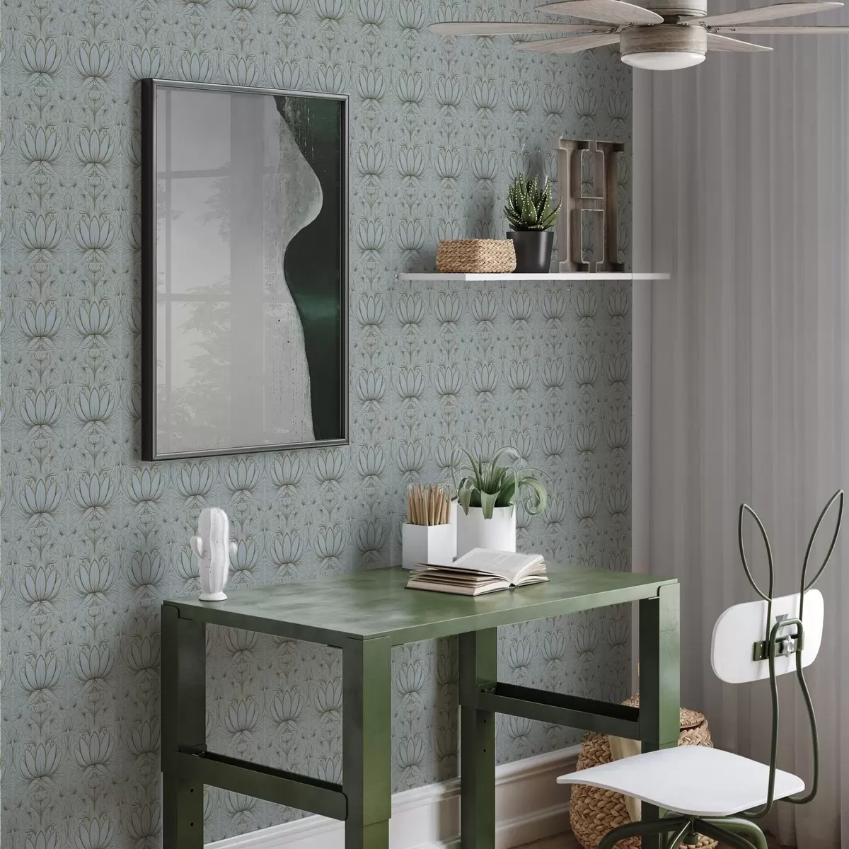 Wallpaper Ornament Lotus în paleta de culori turcoaz și galben a00439