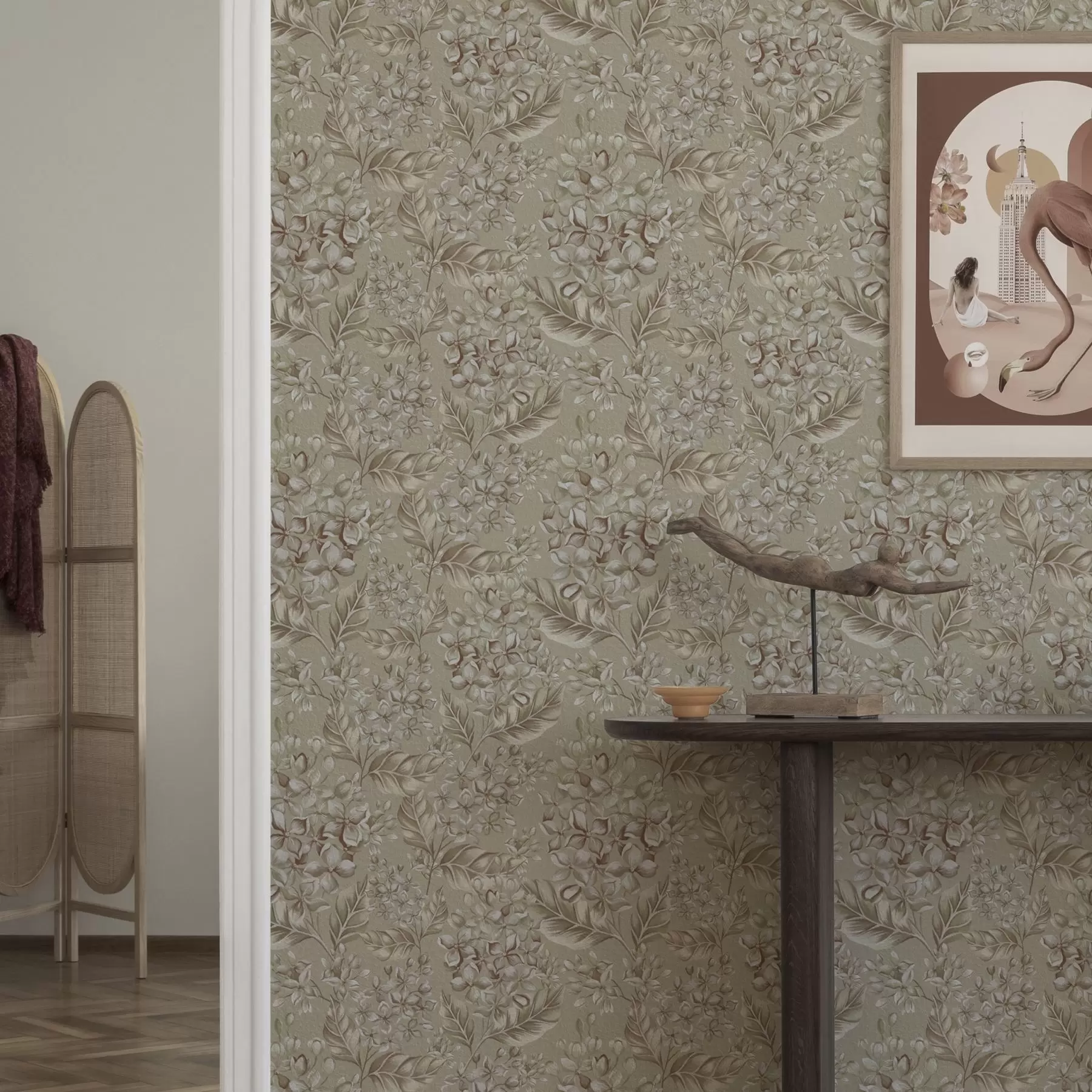 fototapet Ramuri bej cu flori albe în nuanțe calde a00441