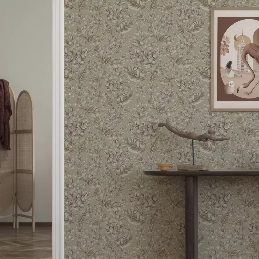 fototapet Ramuri bej cu flori albe în nuanțe calde a00441