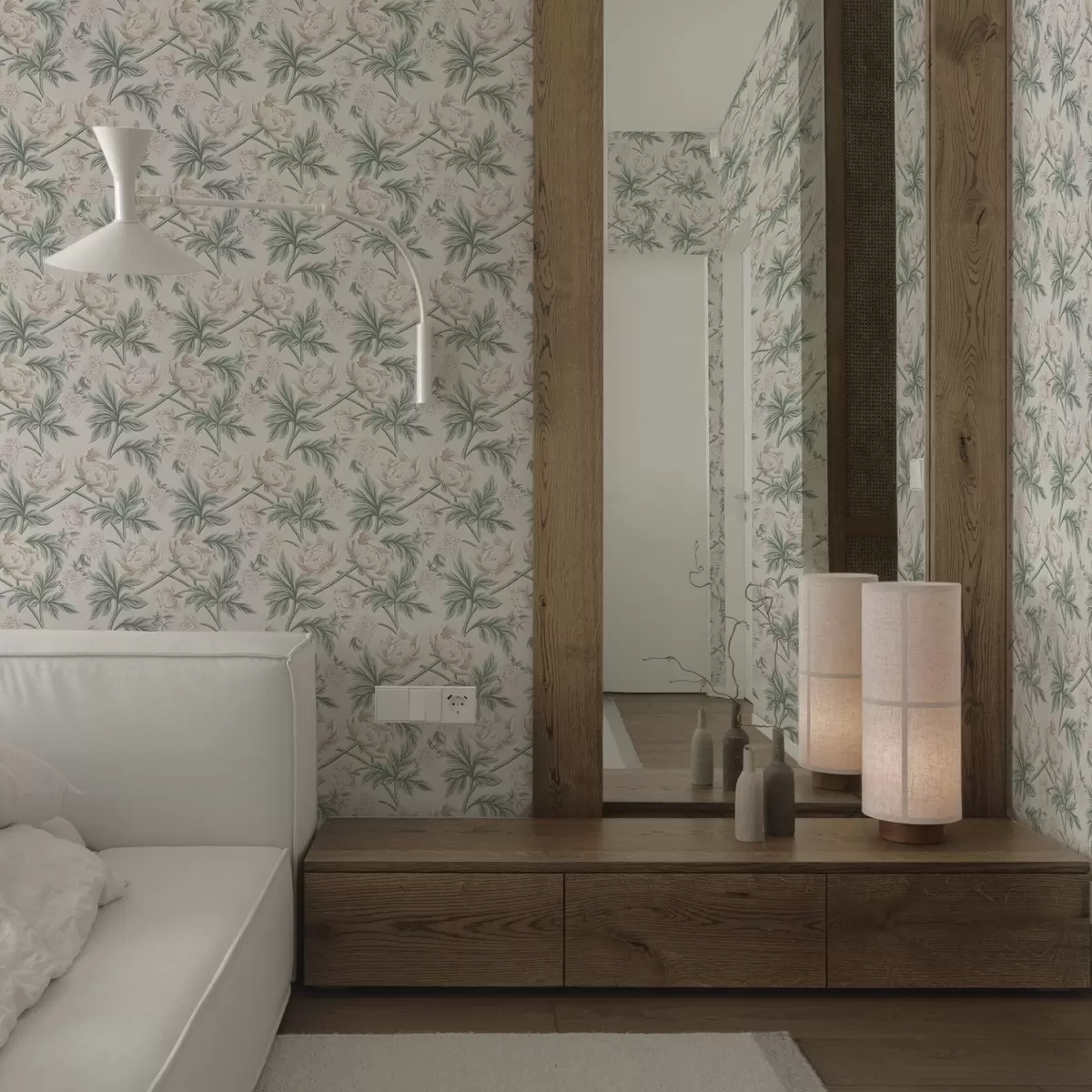 Wallpaper Bujori luxuriante în bej deschis și verde bej și verde a00445