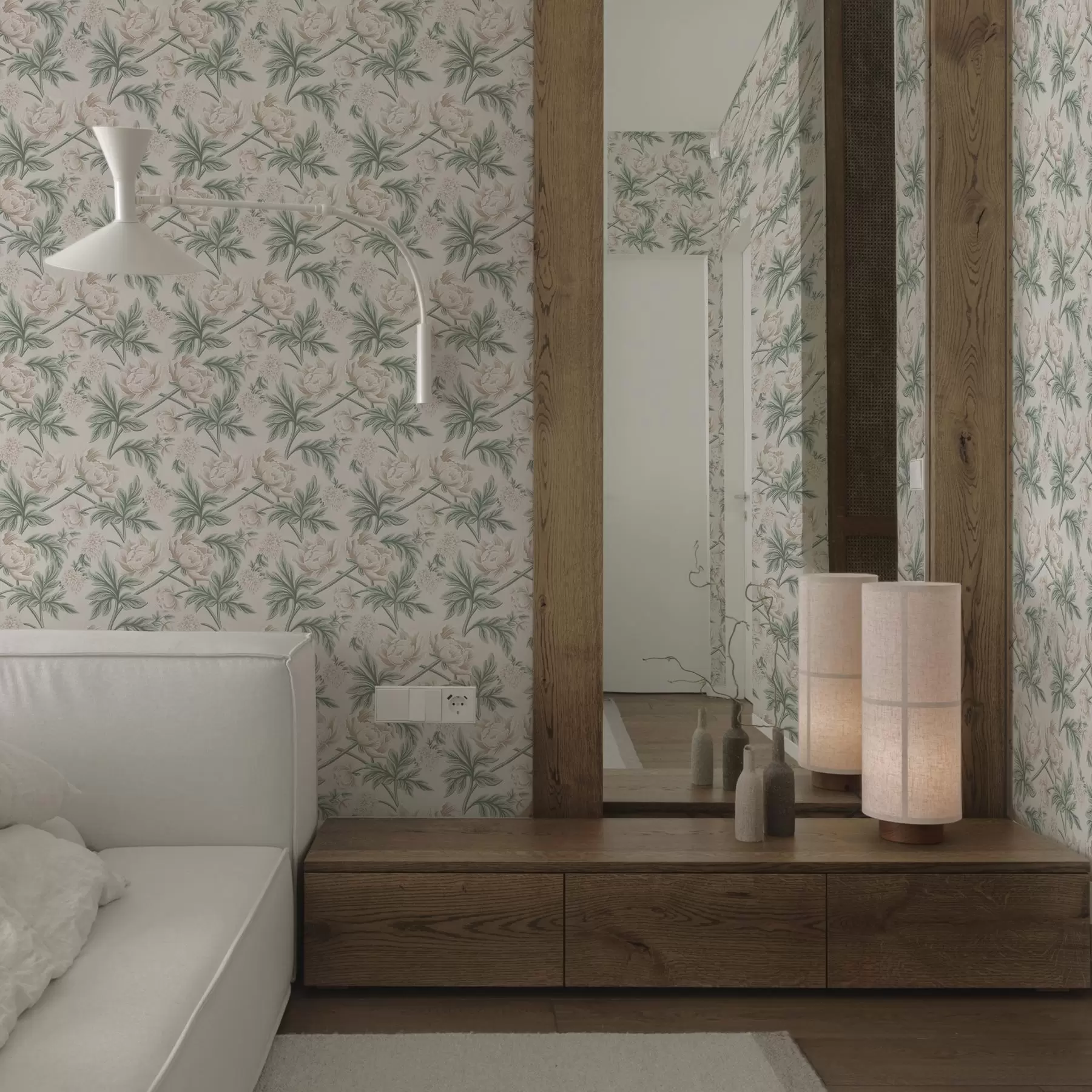 fototapet Bujori luxuriante în bej deschis și verde bej și verde a00445