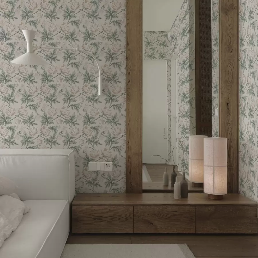 fototapet Bujori luxuriante în bej deschis și verde bej și verde a00445