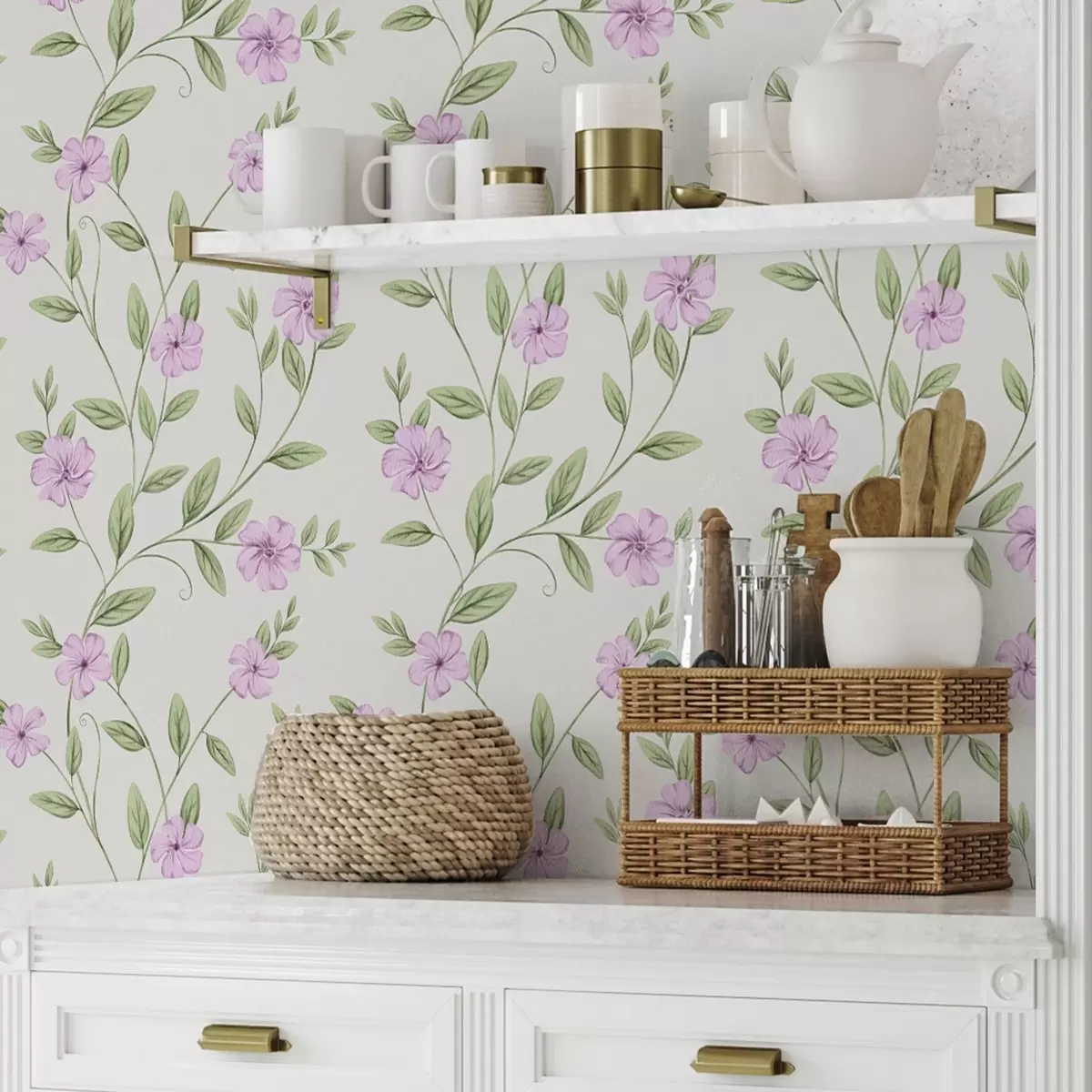 Wallpaper Flori roz cu viță de vie verde pe un fundal crem a00453