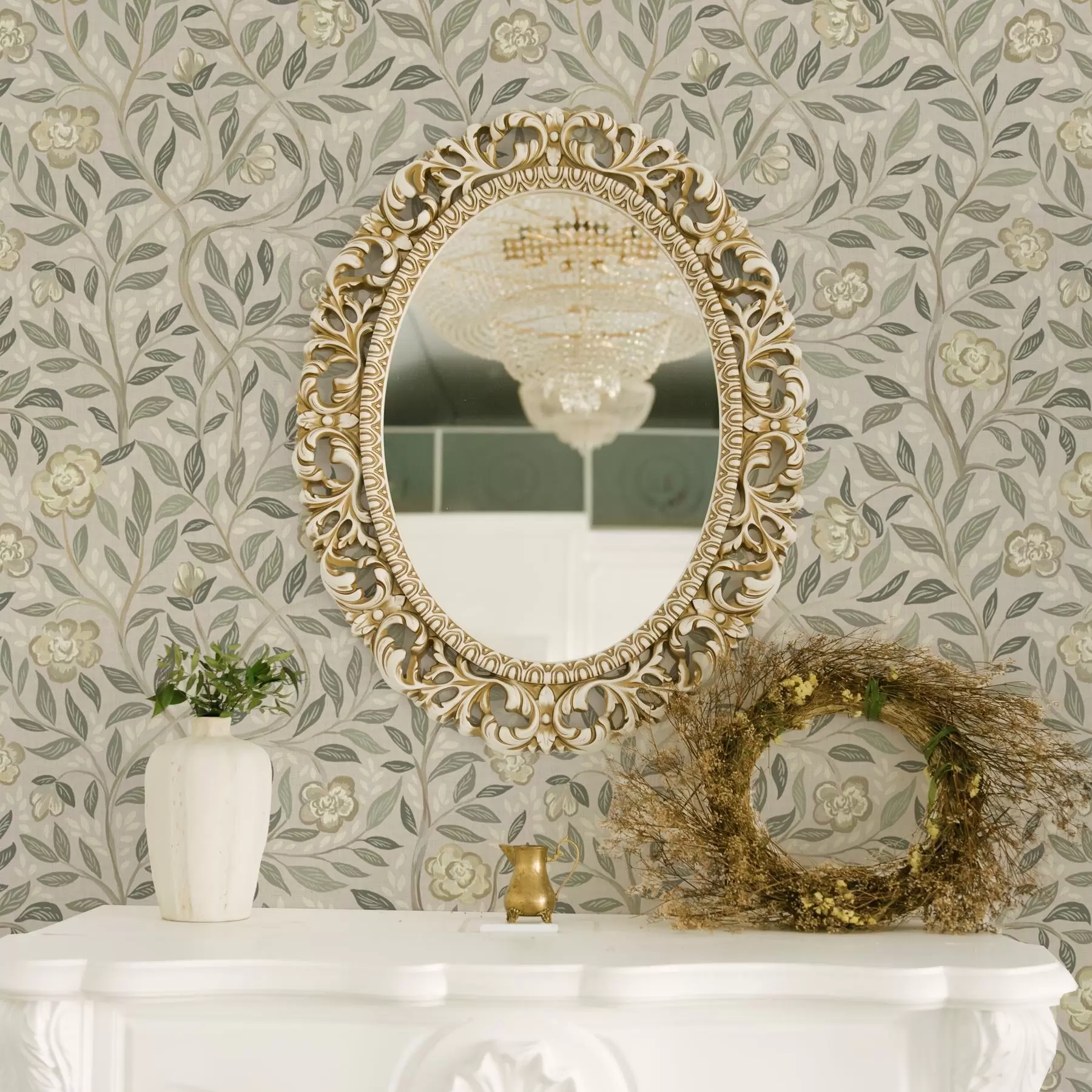 fototapet Trandafiri crem și frunze de măslin pe fundal roz prăfuit a00455