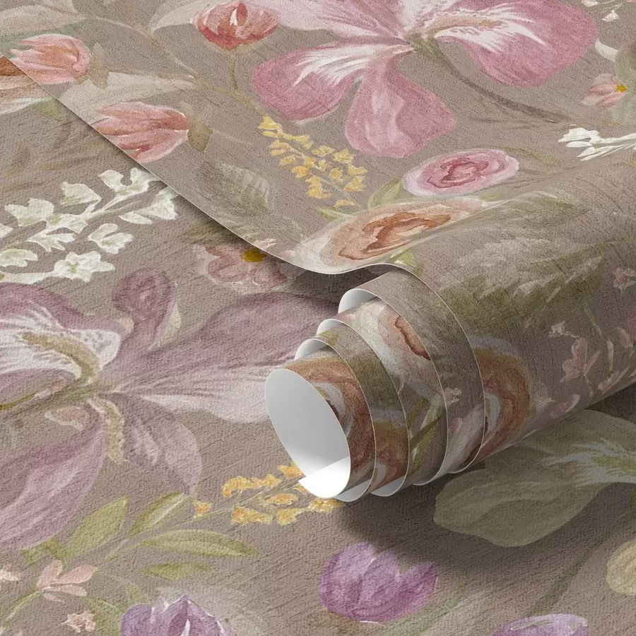 fototapet Vintage roz iris model de flori pe fundal texturat bej a00457