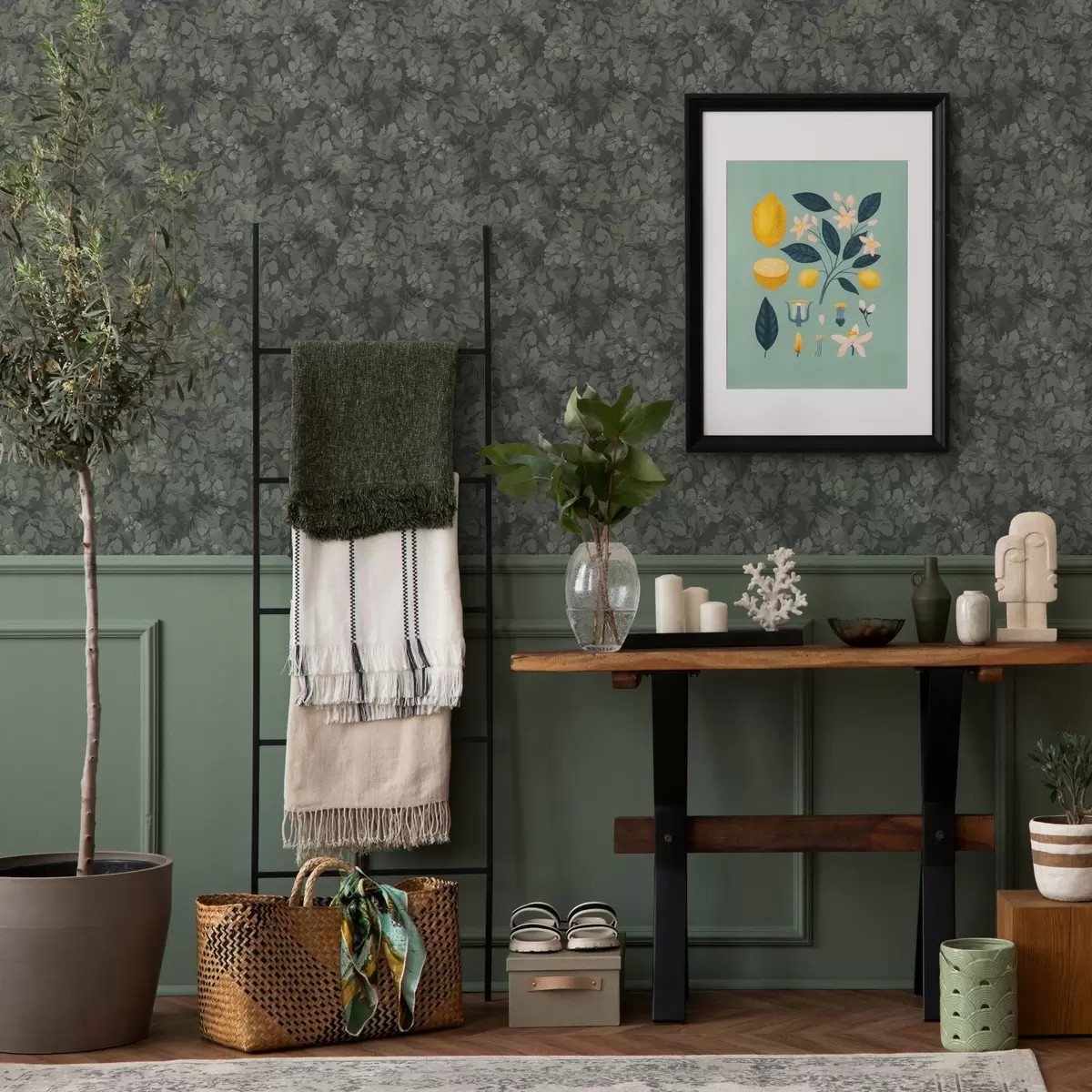 Wallpaper Textura întunecată a frunzelor cu ghinde în verde intens a00461