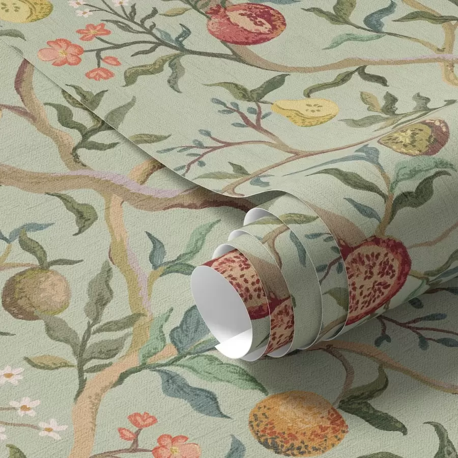 fototapet Rodie fructe, pere și flori pe un fundal verde pal a00465