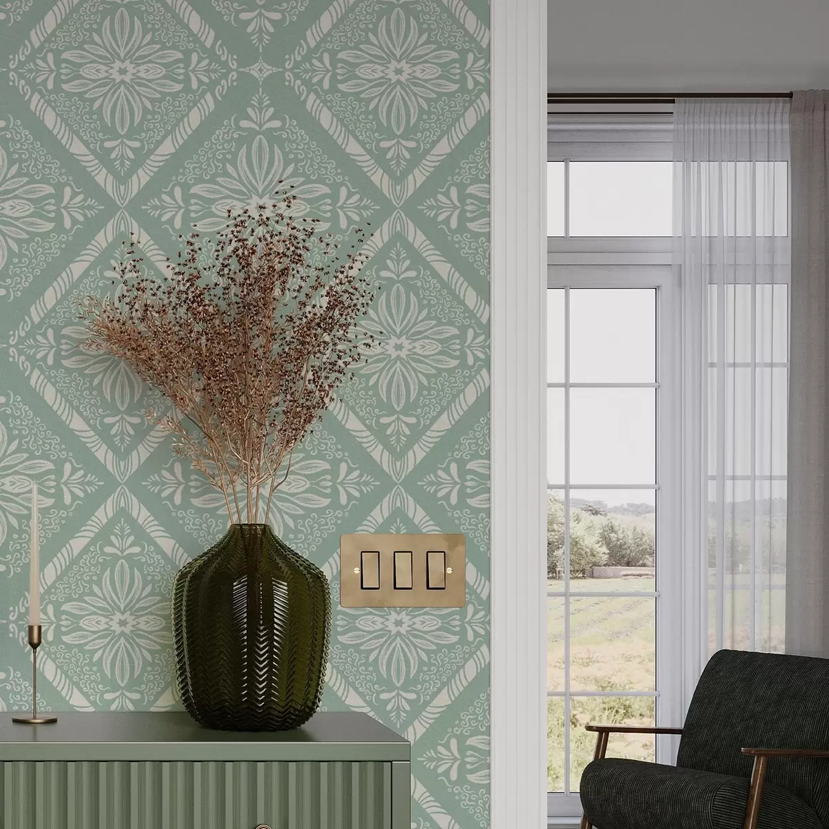 Wallpaper Model geometric turcoaz și bej cu bucle a00466