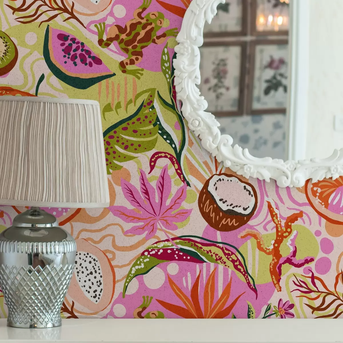 Wallpaper Fructe exotice, frunze și cameleoni în stil tropical a00469