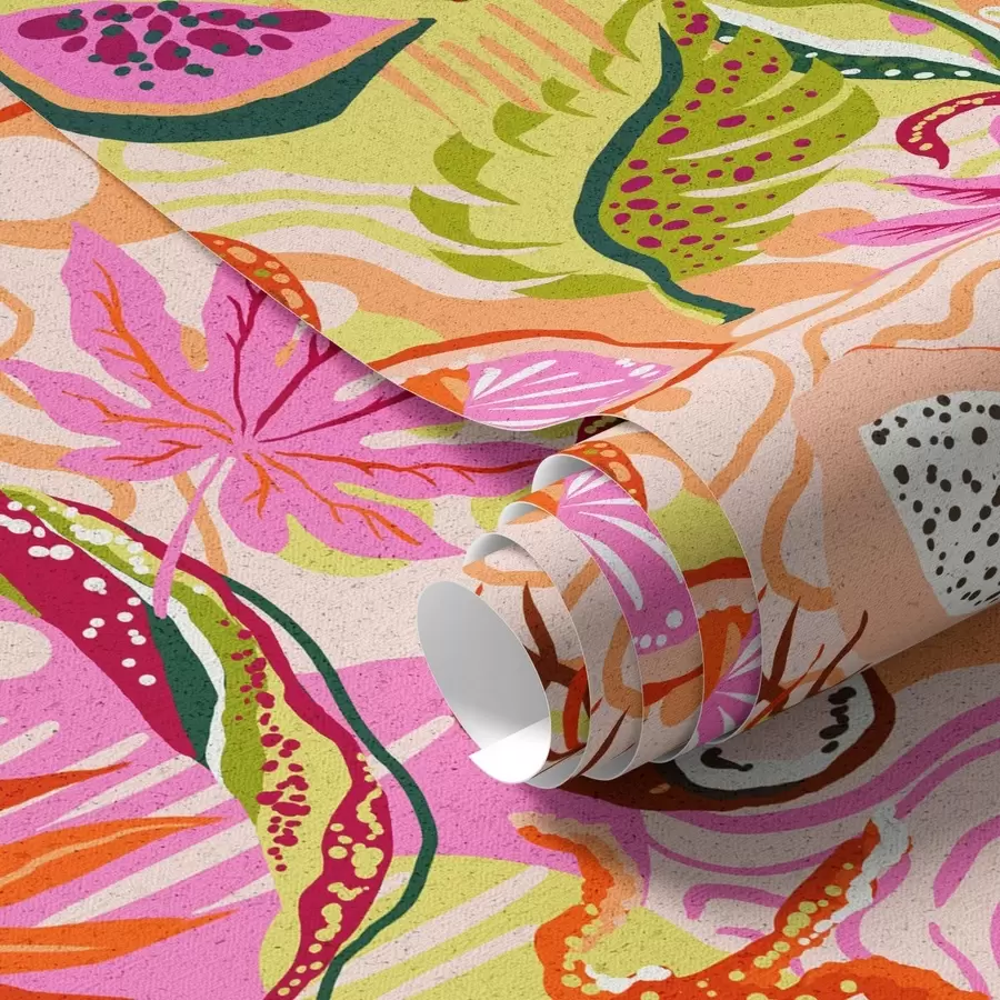 fototapet Fructe exotice, frunze și cameleoni în stil tropical a00469