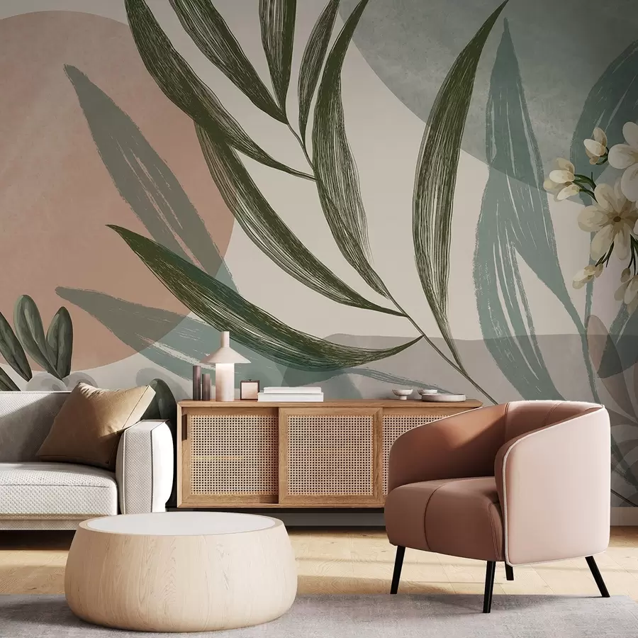 fototapet Artă botanică abstractă cu frunze de palmier verzi și fructe de pădure albe, pe un fundal de forme în tonuri de pământ atenuate w09312