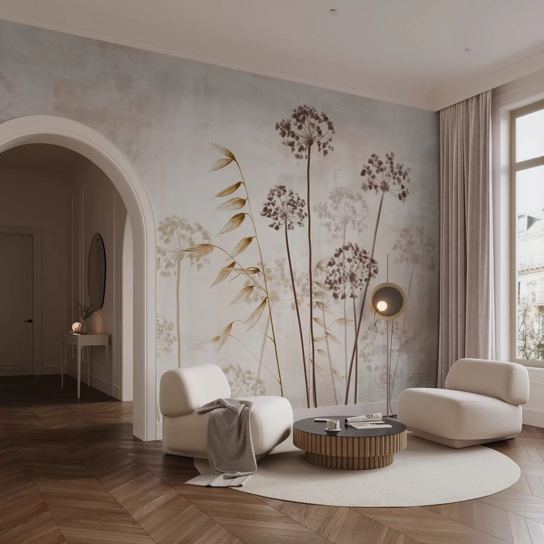 fototapet Desen de flori uscate cu tulpini lungi, paletă monocromă, pe un fundal texturat, bej deschis, ilustrație botanică w09314v1