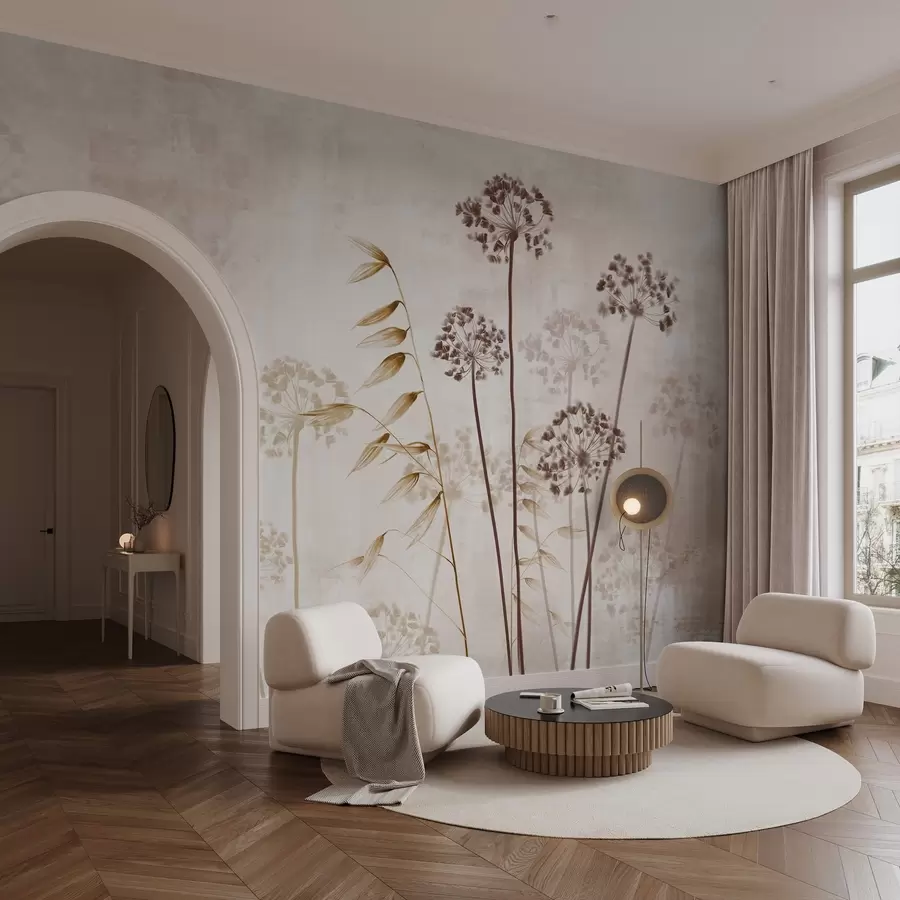 fototapet Desen de flori uscate cu tulpini lungi, paletă monocromă, pe un fundal texturat, bej deschis, ilustrație botanică w09314v1