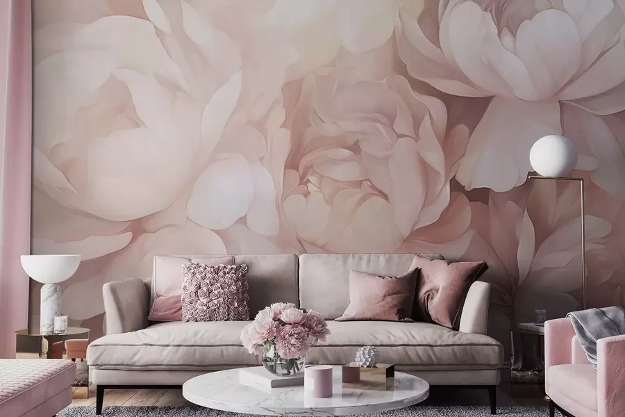 fototapet Bujori roz pastel deschis, cu petale delicate, moi, texturate, aranjate strâns împreună, creând o artă florală densă, iluminare moale w09319