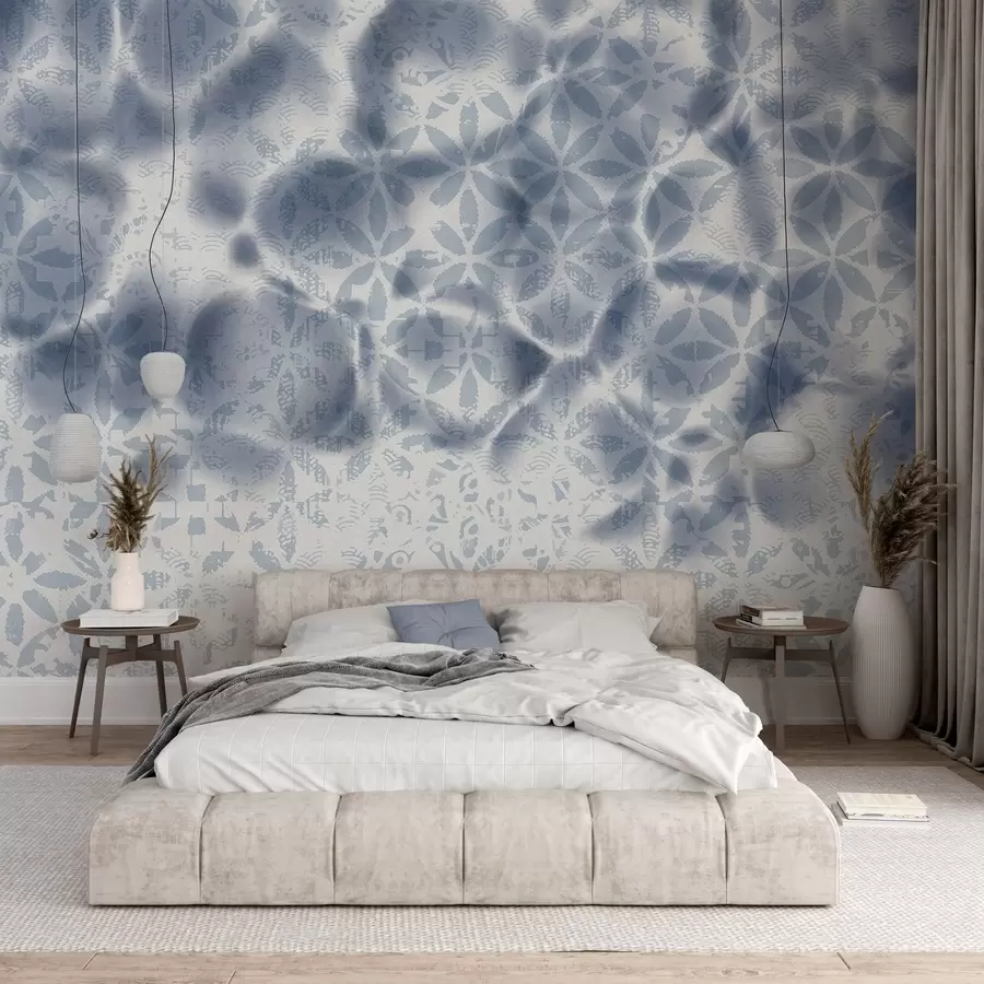 fototapet Artă abstractă texturată cu imprimare florală albastră, efect estompat și neclar, creând o atmosferă moale și visătoare w09322