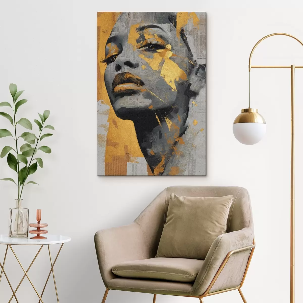 Tablouri Portret în media mixtă cu fragmente de ziar și tușe decorative s45419