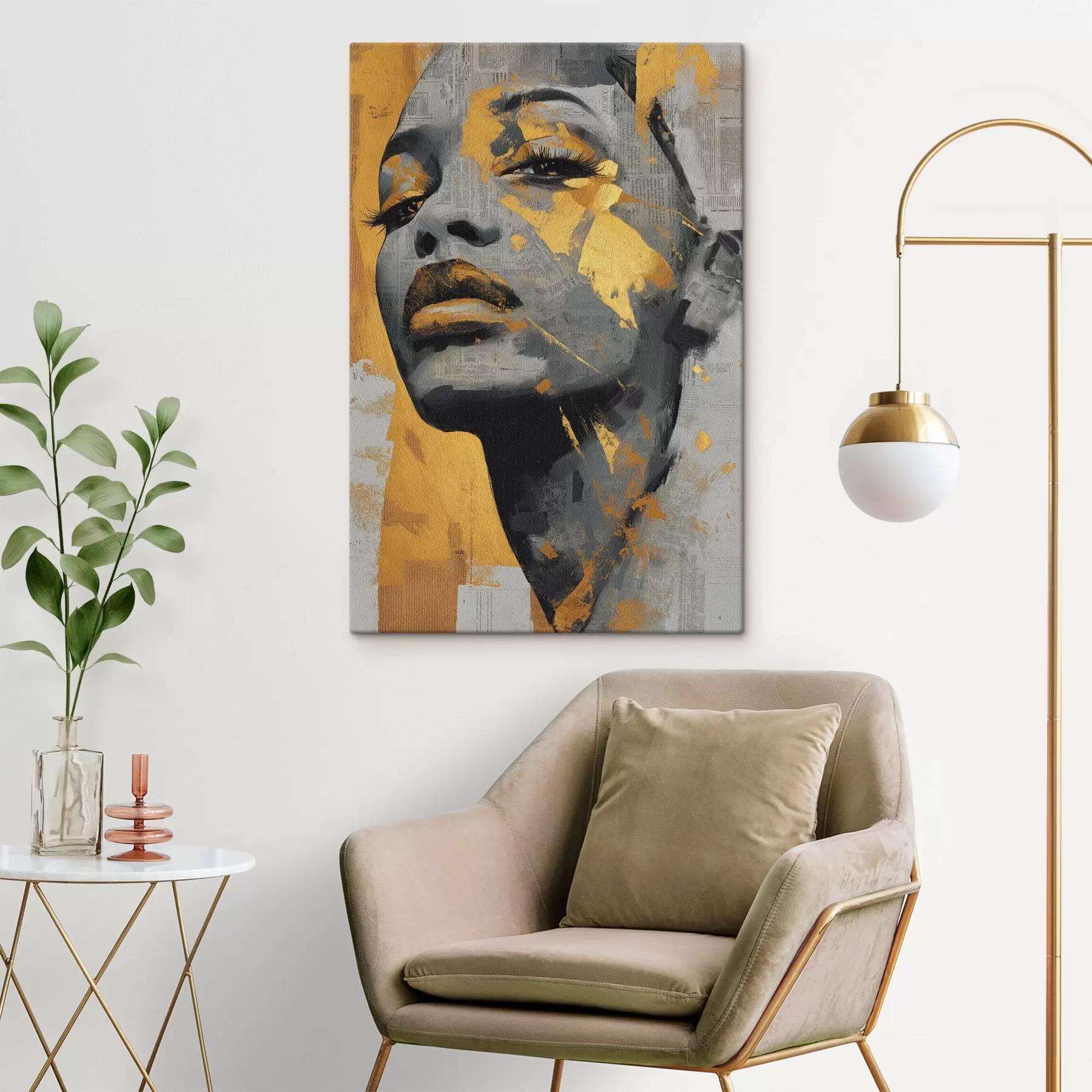 Tablouri Portret în media mixtă cu fragmente de ziar și tușe decorative s45419