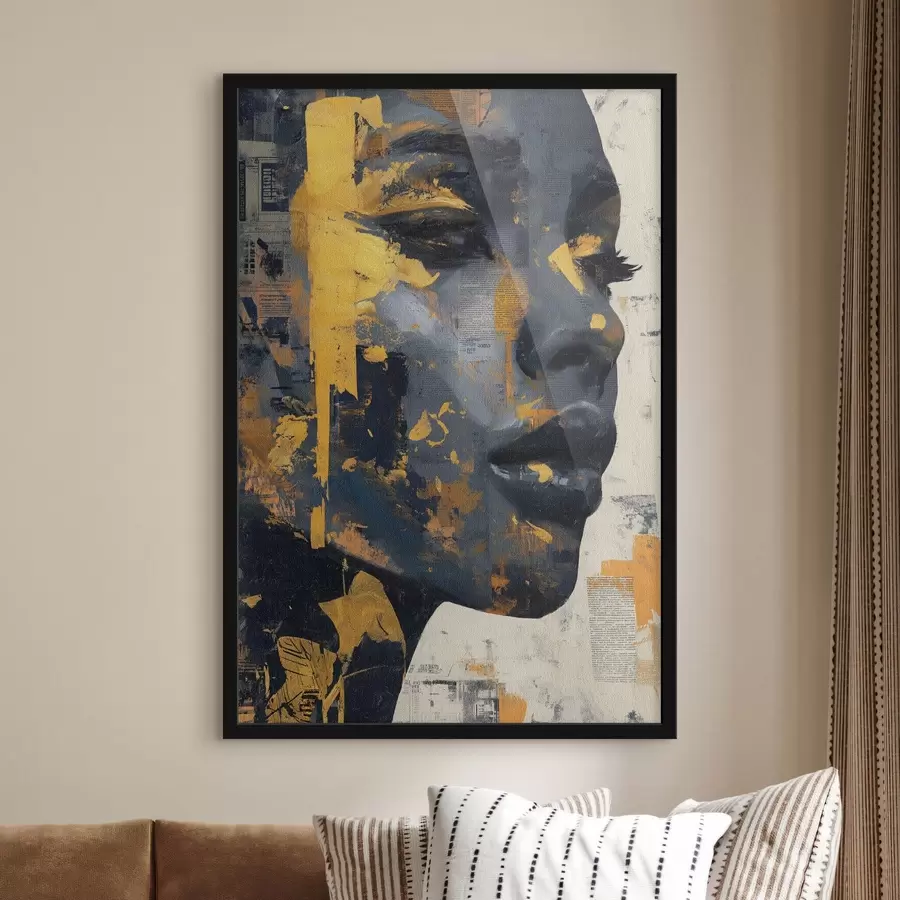 fototapet Portret în media mixtă cu fragmente de ziar și tușe decorative f45420