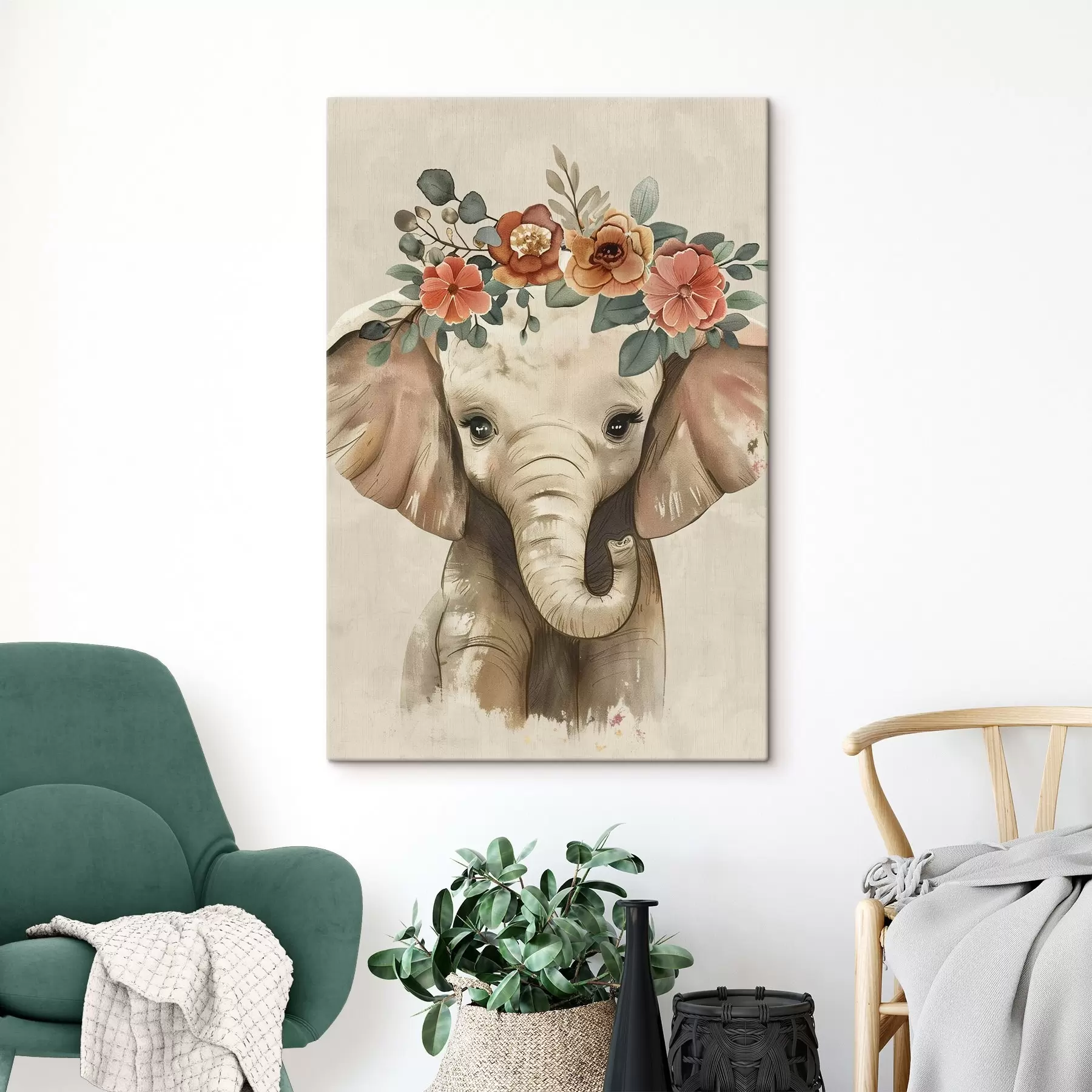 Tablouri Elefant drăguț de acuarelă cu flori s45330