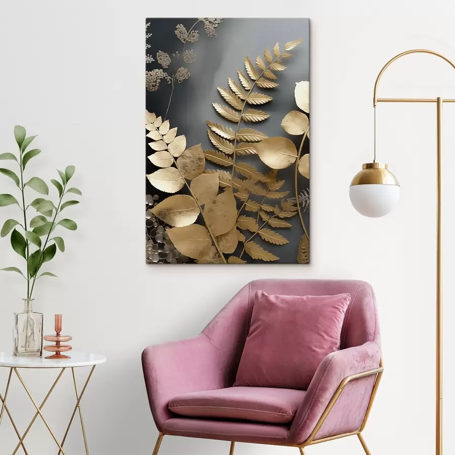 Tablouri Ramuri de eucalipt și frunze tropicale pe un fundal întunecat s45333