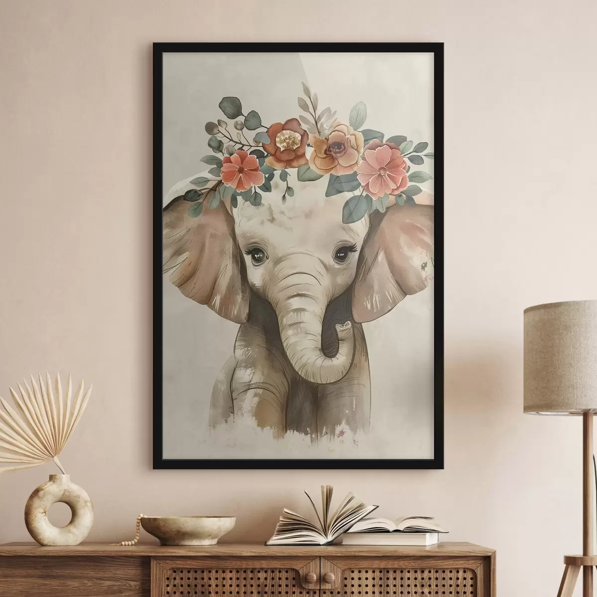 Poster Elefant drăguț de acuarelă cu flori f45330