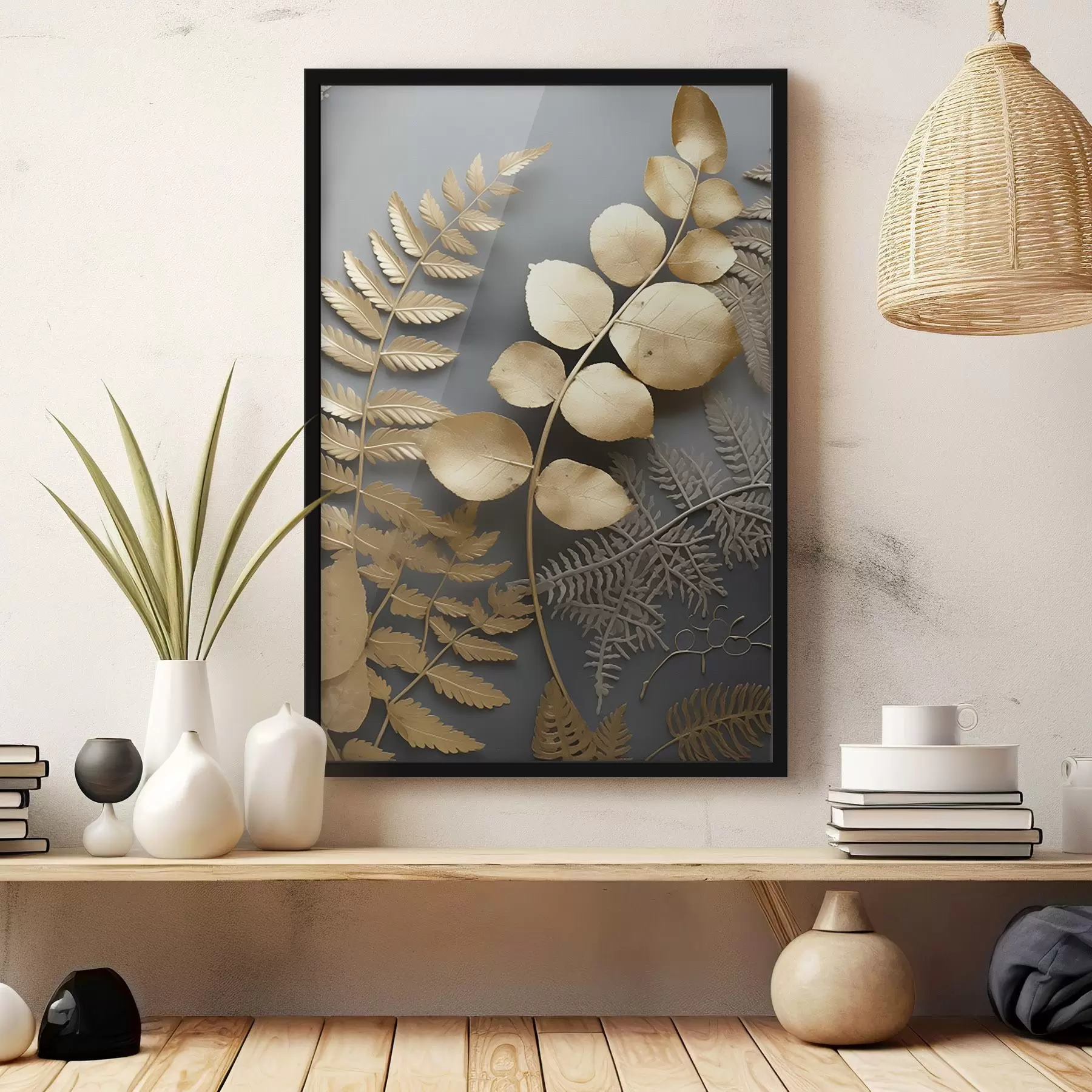 fototapet Ramuri de ferigă și eucalipt pe un fundal întunecat f45334