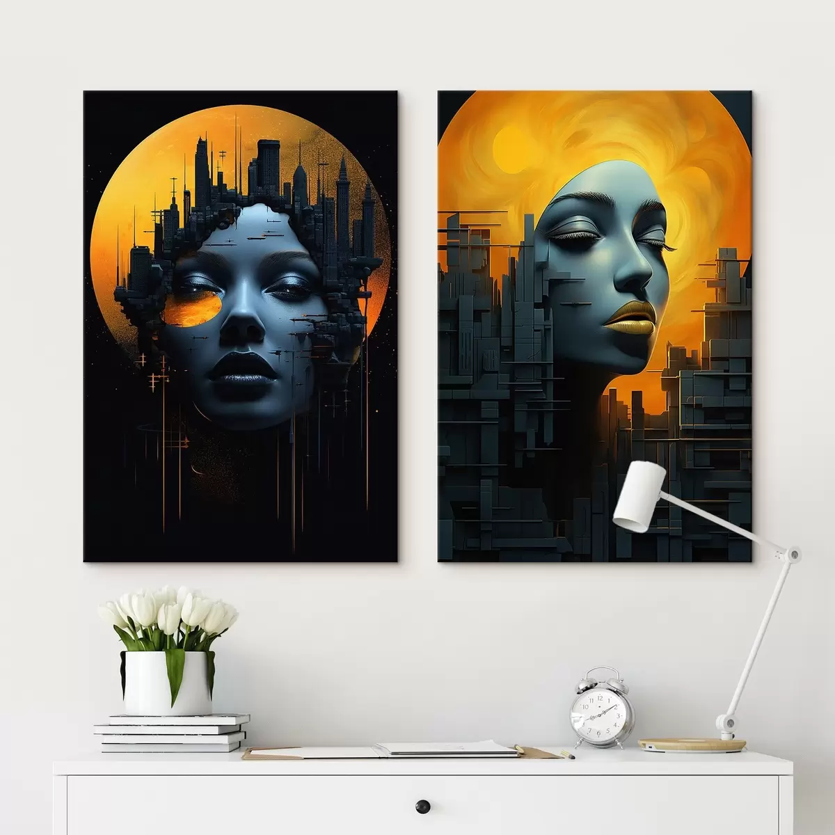 Tablouri Portret de fată pe un fundal abstract de oraș m00618