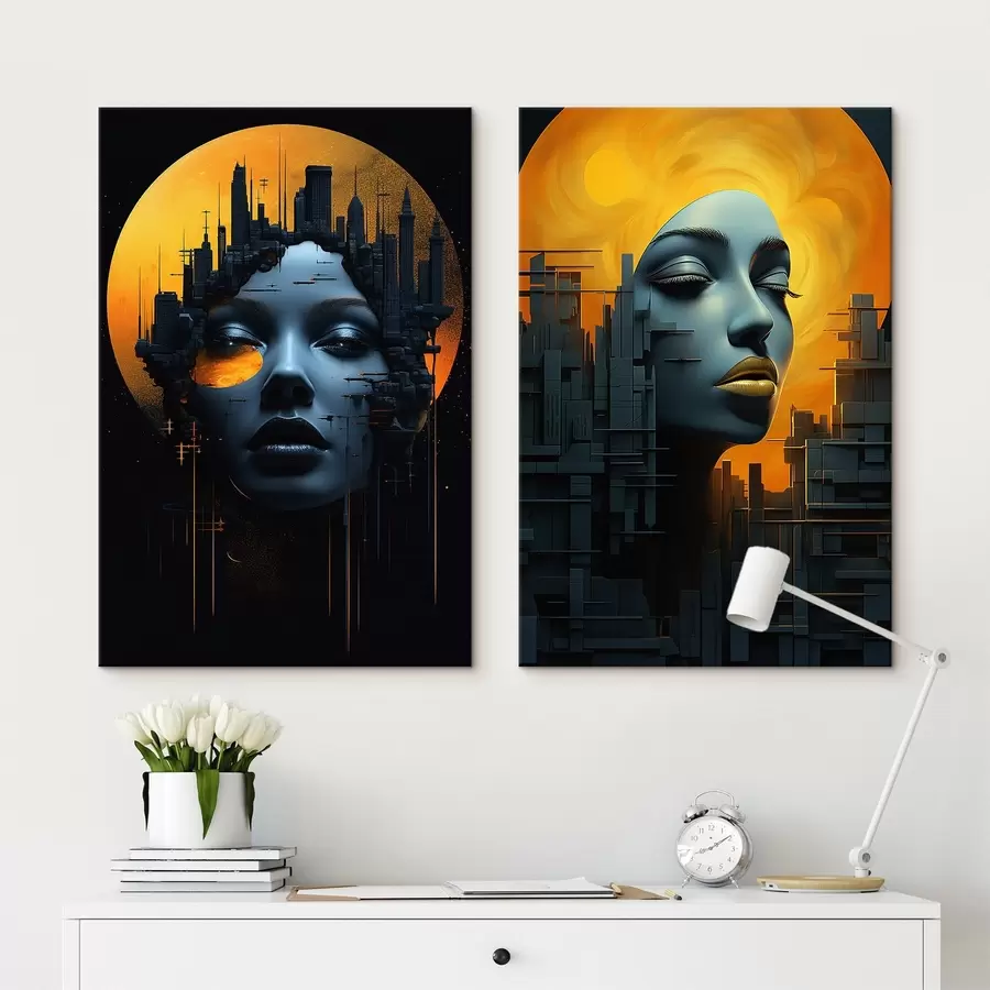 Tablouri Portret de fată pe un fundal abstract de oraș m00618