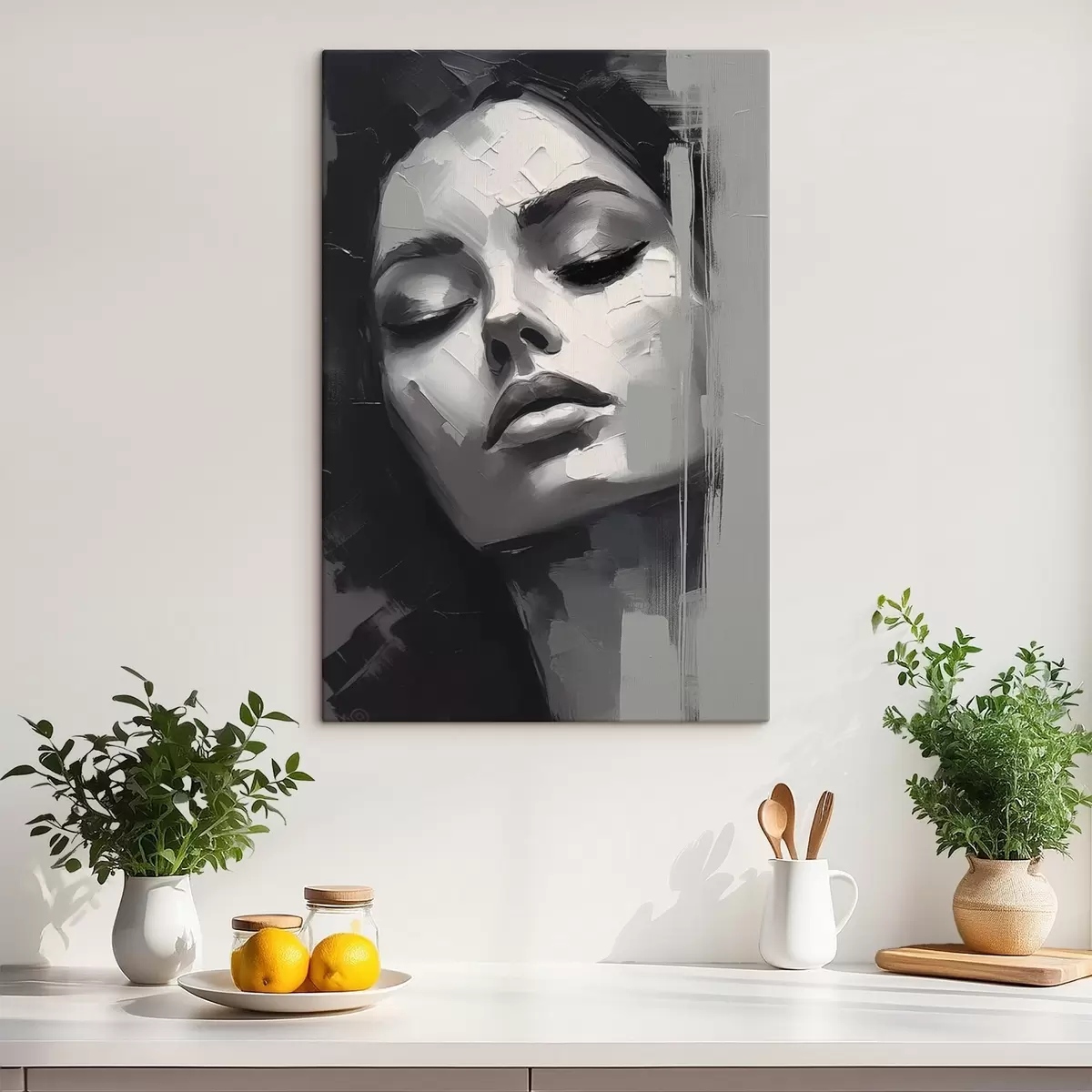 Tablouri Portret alb-negru al unei femei cu ochii închiși s45479