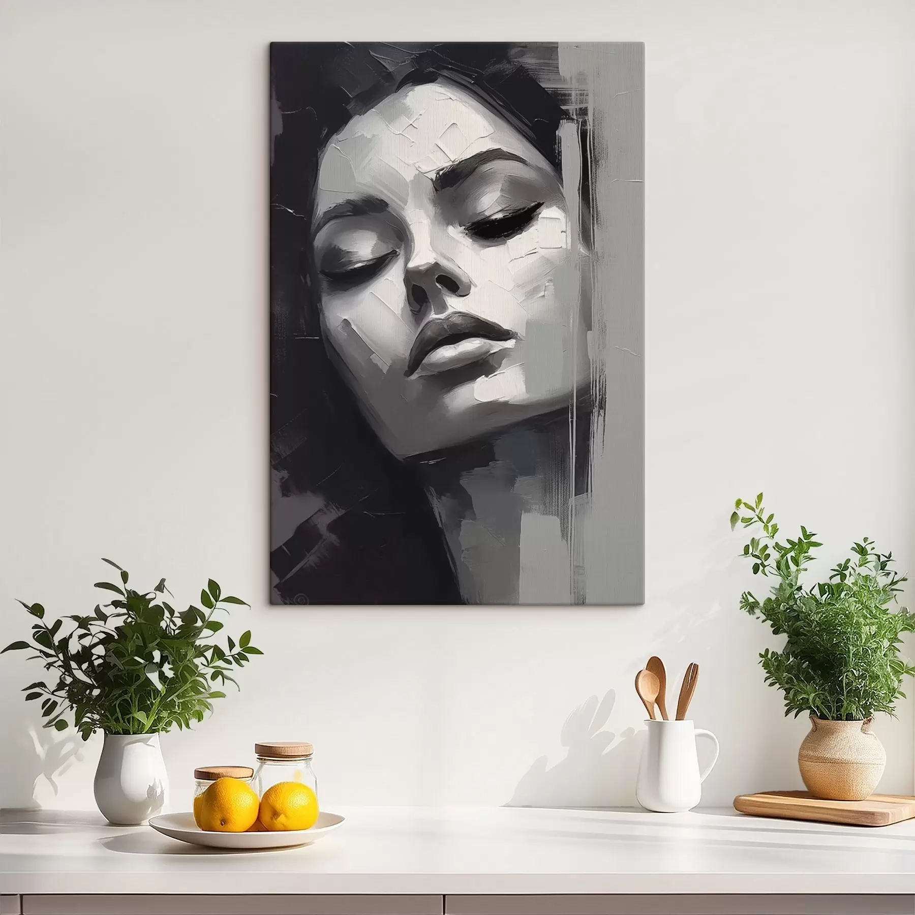 Tablouri Portret alb-negru al unei femei cu ochii închiși s45479