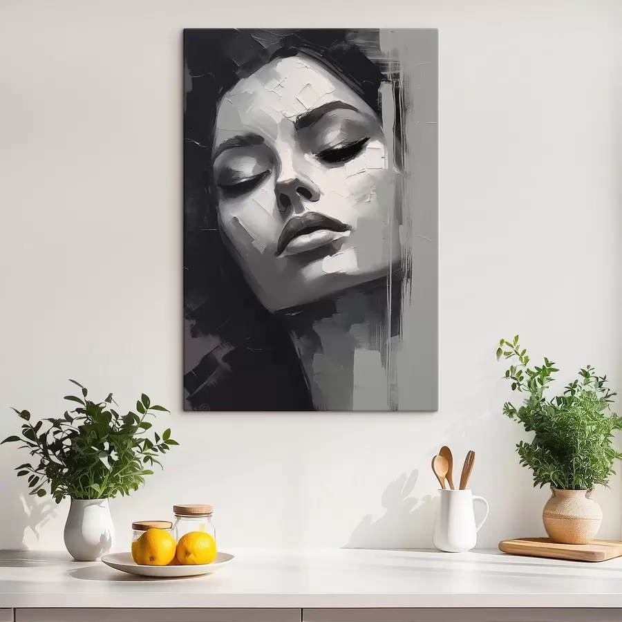 Tablouri Portret alb-negru al unei femei cu ochii închiși s45479