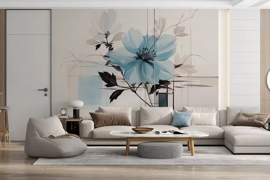 fototapet Floare albastră abstractă texturată cu frunze și ramuri întunecate, forme geometrice minimaliste și linii în culori stinse w09332