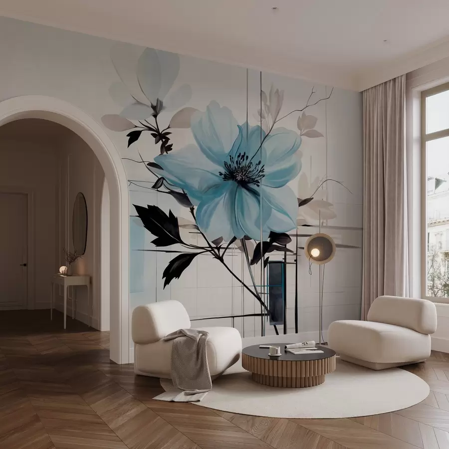 fototapet Floare albastră abstractă texturată cu frunze și ramuri întunecate, forme geometrice minimaliste și linii în culori stinse w09332