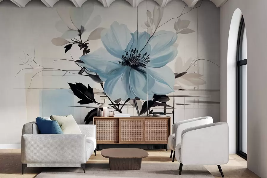 fototapet Floare albastră abstractă texturată cu frunze și ramuri întunecate, forme geometrice minimaliste și linii în culori stinse w09332