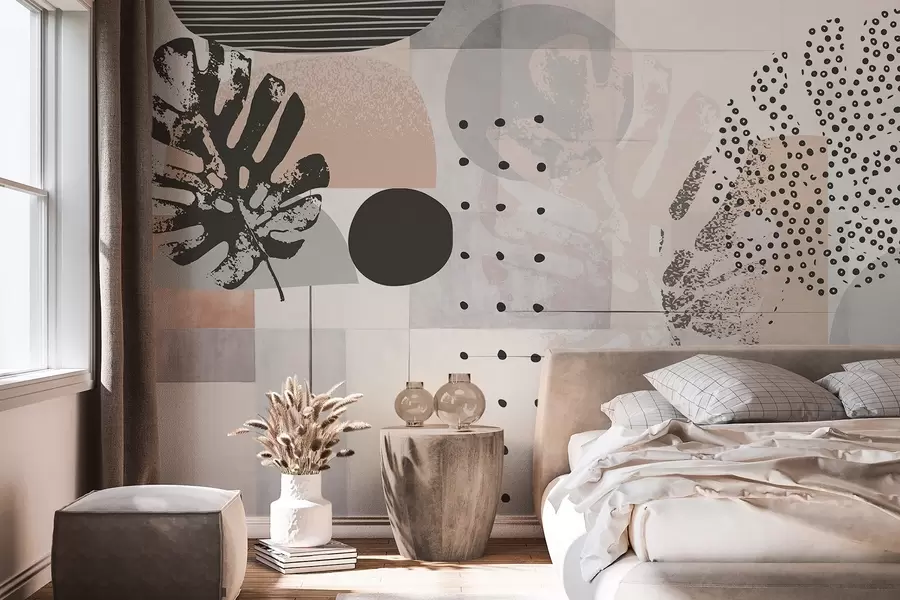 fototapet Print abstract cu forme geometrice și frunze tropicale monstera, cercuri, puncte și linii, design modern și minimalist w09333