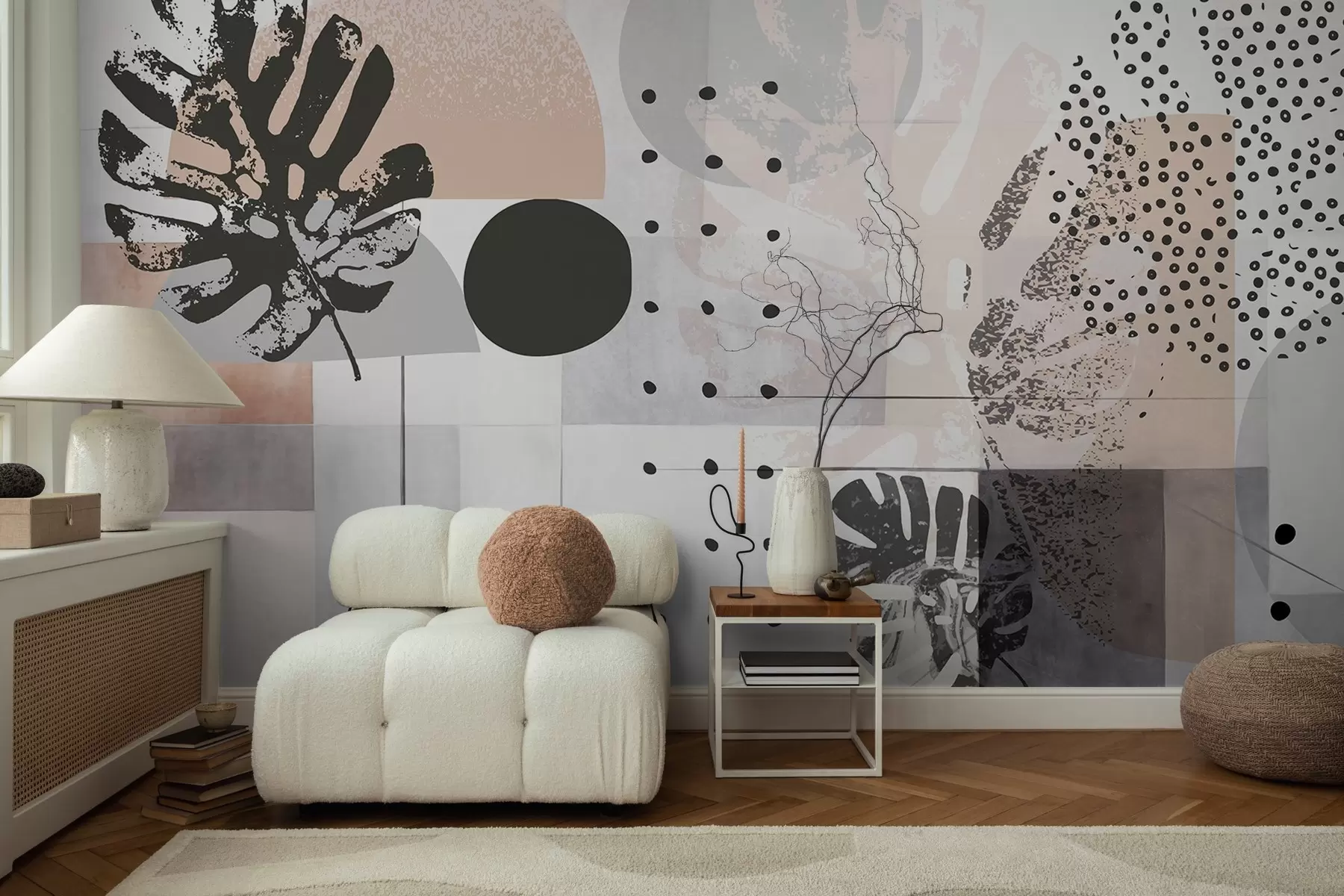fototapet Print abstract cu forme geometrice și frunze tropicale monstera, cercuri, puncte și linii, design modern și minimalist w09333