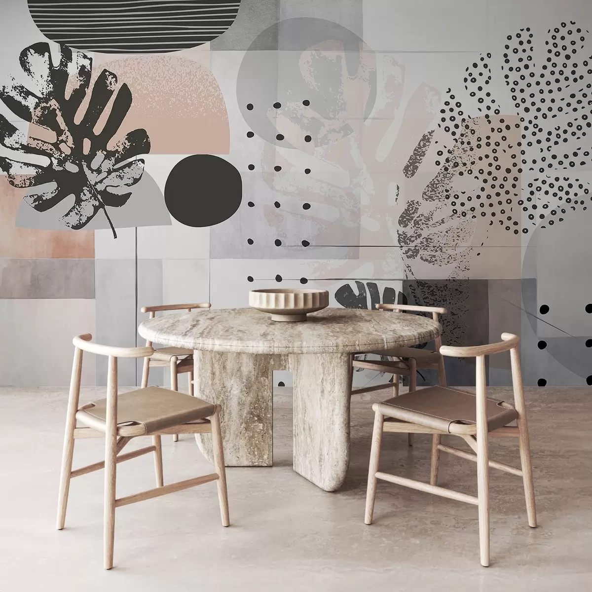 fototapet Print abstract cu forme geometrice și frunze tropicale monstera, cercuri, puncte și linii, design modern și minimalist w09333