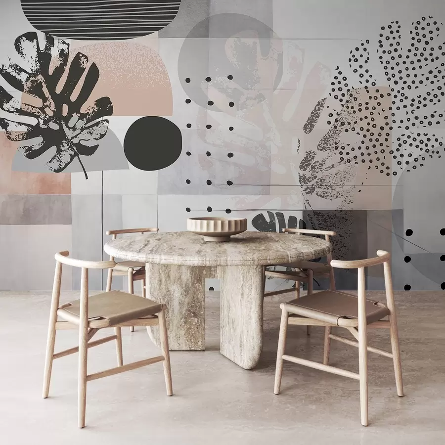 fototapet Print abstract cu forme geometrice și frunze tropicale monstera, cercuri, puncte și linii, design modern și minimalist w09333