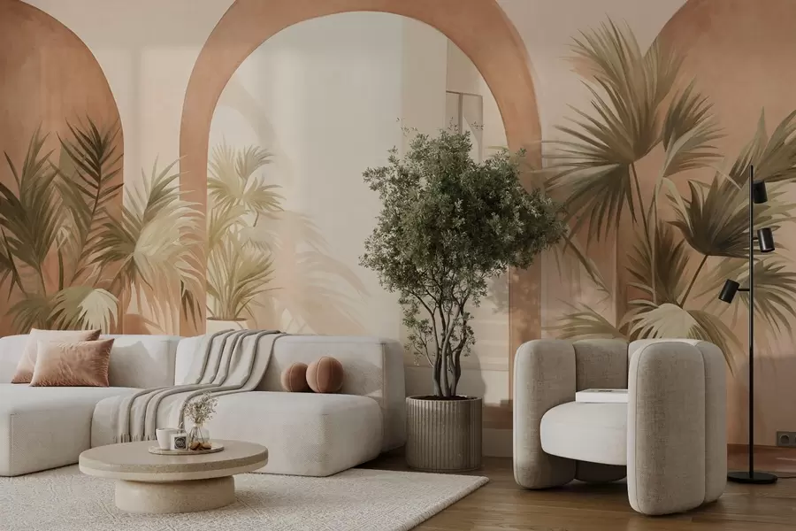 fototapet Arcuri texturate cu plante în ghiveci, paletă de culori bej deschis, design minimalist, scări în fundal w09339