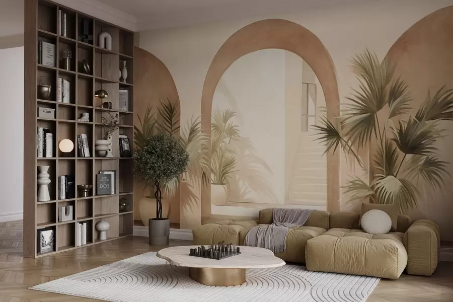 fototapet Arcuri texturate cu plante în ghiveci, paletă de culori bej deschis, design minimalist, scări în fundal w09339