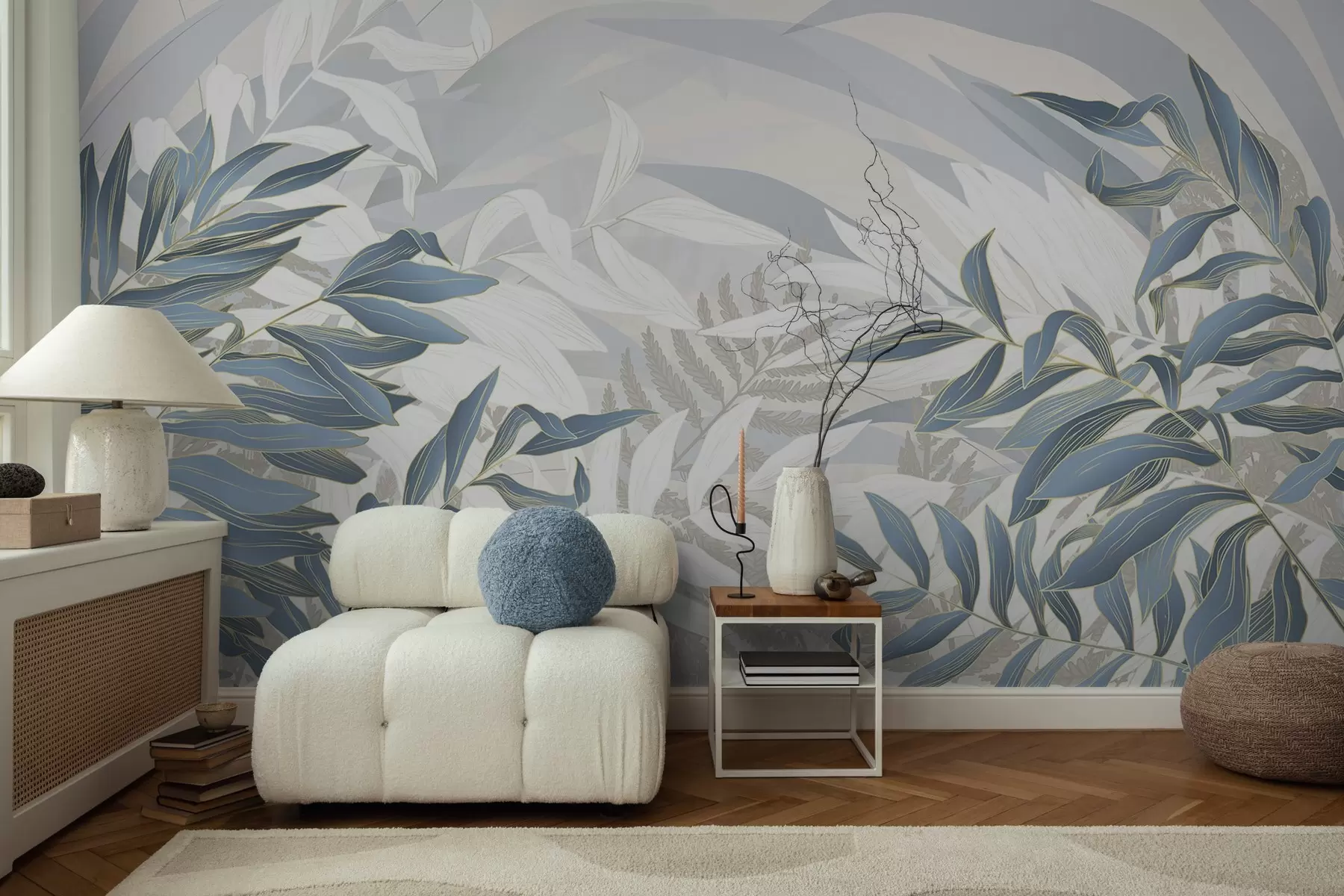 fototapet Albastru și frunze albe și iarbă, culori pastelate moi, ilustrație botanică, design minimalist, decorativ, modern w09341