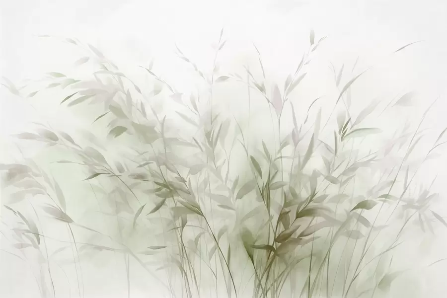 fototapet Iarbă și buruieni cu frunze și tulpini subțiri, culori verde deschis și maro, tușe moi și delicate, print minimalist w09342