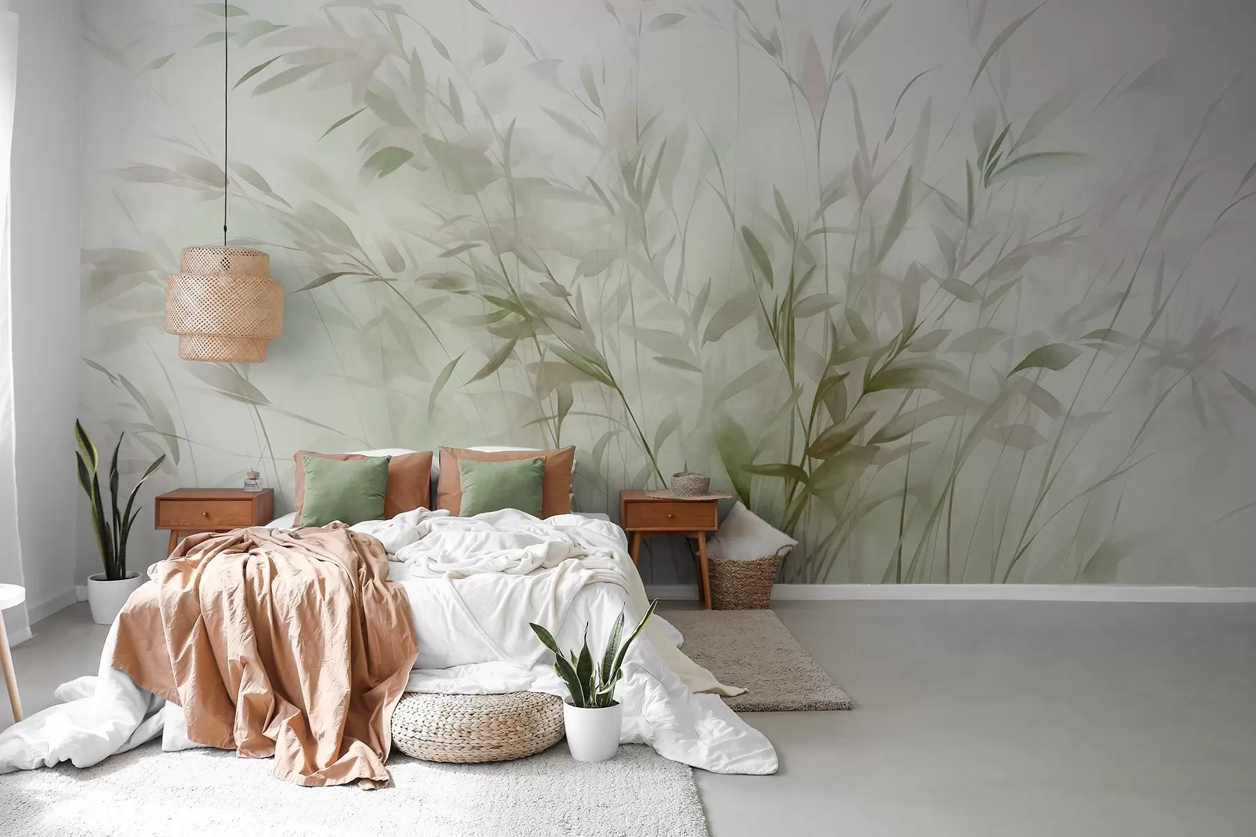 fototapet Iarbă și buruieni cu frunze și tulpini subțiri, culori verde deschis și maro, tușe moi și delicate, print minimalist w09342