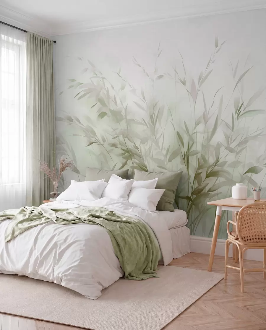 fototapet Iarbă și buruieni cu frunze și tulpini subțiri, culori verde deschis și maro, tușe moi și delicate, print minimalist w09342