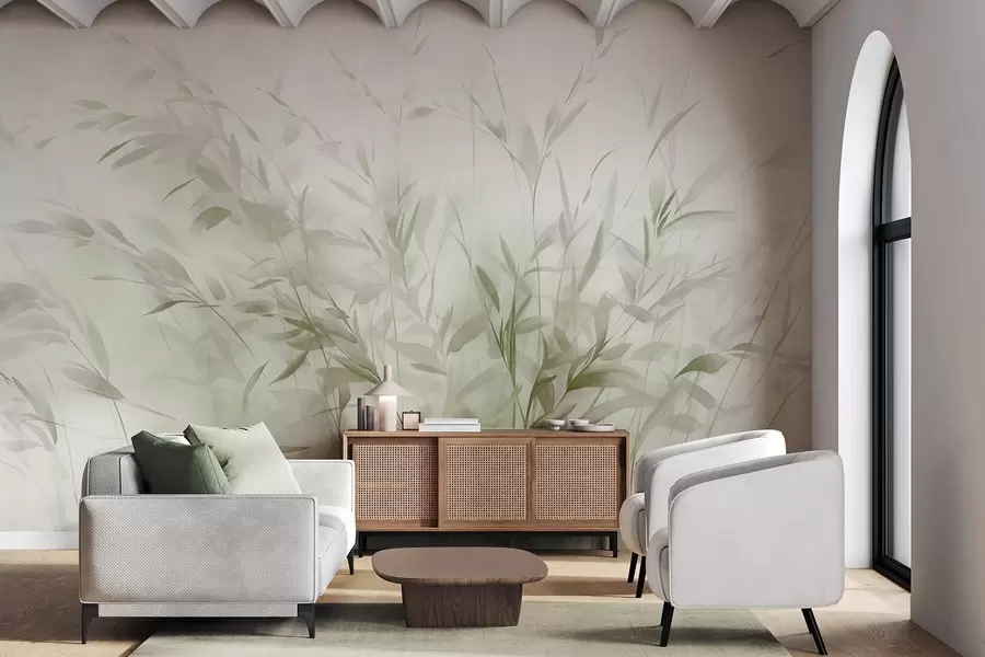 fototapet Iarbă și buruieni cu frunze și tulpini subțiri, culori verde deschis și maro, tușe moi și delicate, print minimalist w09342