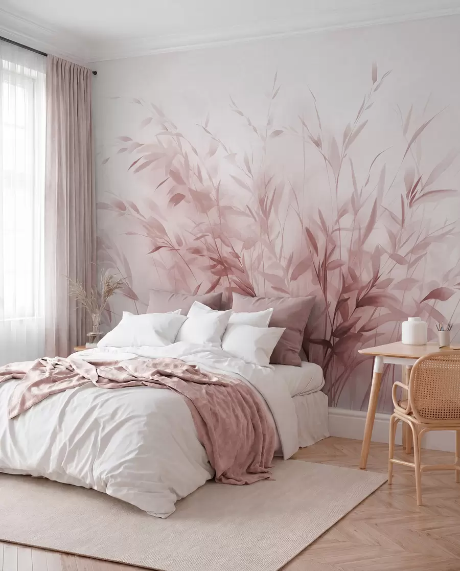 fototapet Iarbă și buruieni cu frunze și tulpini subțiri, culori roz deschis, tușe moi și delicate, print minimalist w09342v2