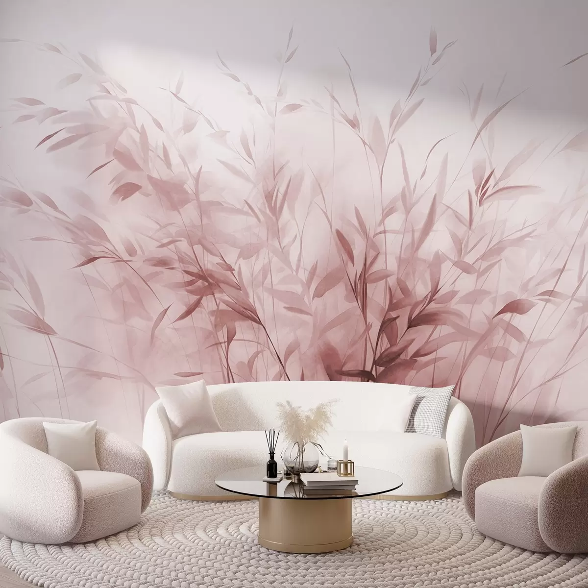 fototapet Iarbă și buruieni cu frunze și tulpini subțiri, culori roz deschis, tușe moi și delicate, print minimalist w09342v2